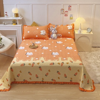 橙色水晶絨加棉絎縫床蓋 枕套 卡通小兔印花床蓋 抗靜電抗菌除蟎床蓋 單人 標準雙人 加大雙人床蓋