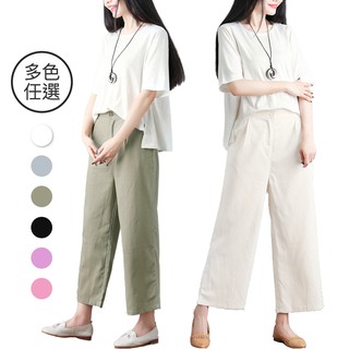 RHJEANS / 彈性高腰素雅棉麻八分寬褲 彈性褲 高腰 素雅 棉麻 亞麻褲 八分 女 寬褲