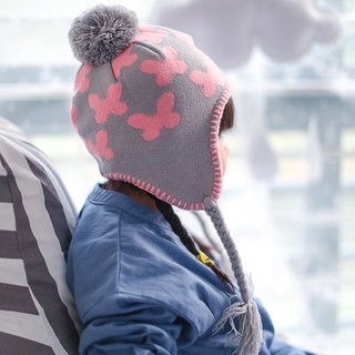 【小阿霏】兒童護耳帽 粉蝶毛線帽子 女童加絨雙層搖粒絨保暖秋冬帽 寶寶帽子 雙尺寸 顧客實拍照 AC89
