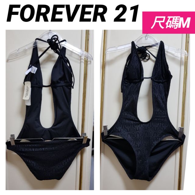 美國FOREVER 21(尺碼M)~黑色簍空布面連身泳裝泳衣零伍零