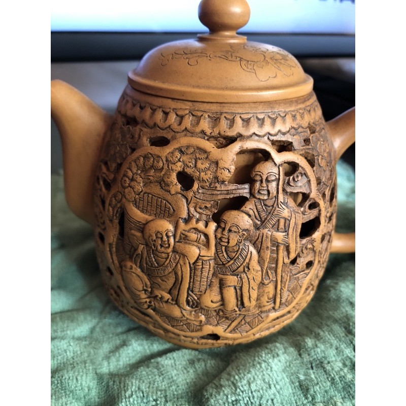 古董 大陸名湖 大師純手工雕刻陶瓷壺 極具收藏價值