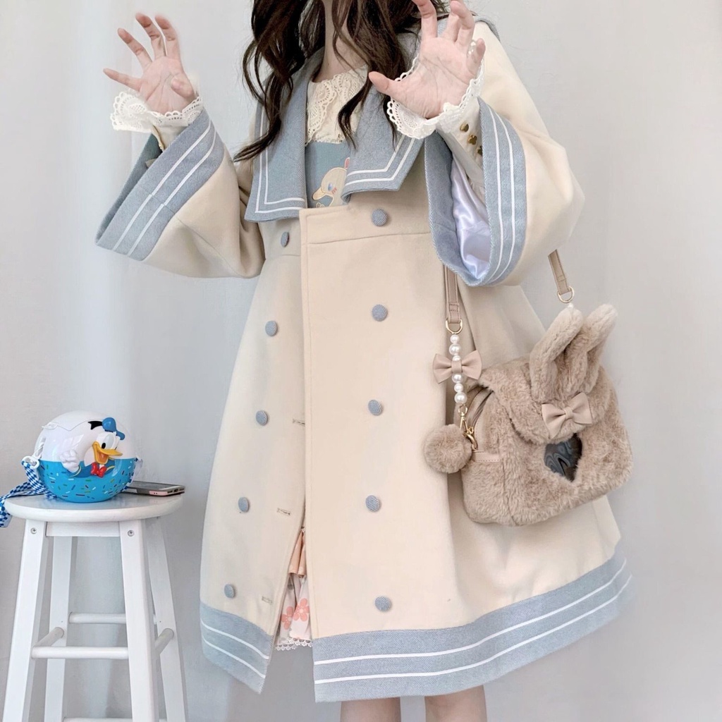 (童話衣櫃) 日本外套女孩學院風格縫製羊毛大衣洛麗塔海軍領中長款可愛百搭羊毛大衣 【仙女衣櫥】