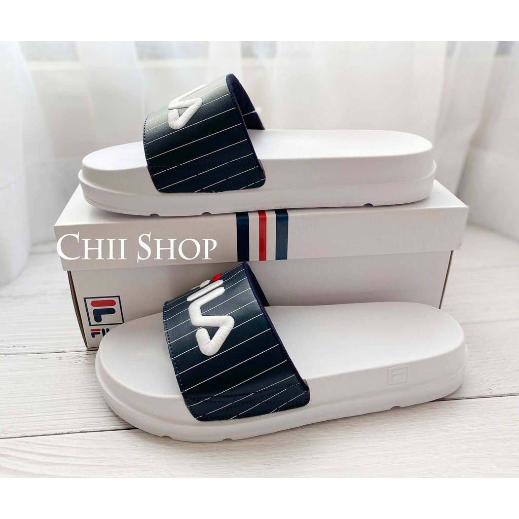 【CHII】韓國代購 FILA Back Drifter 厚底 拖鞋 白色 深藍 線條 刺繡