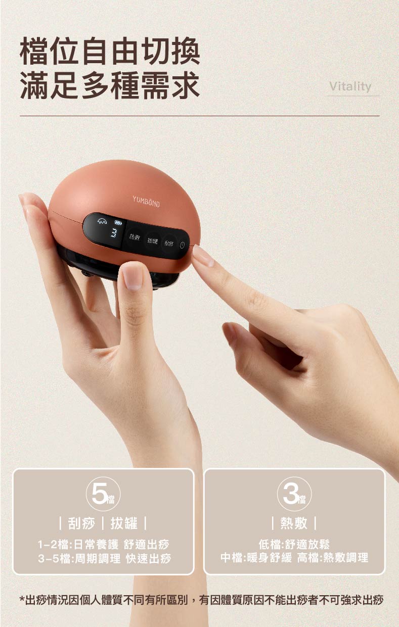 檔位自由切換，滿足多種需求，YUMBÖND，B 热效，刮痧拔罐，[熱敷 ，1-2檔:日常養護 舒適出痧，低檔:舒適放鬆，3-5檔:周期調理 快速出痧，中檔:暖身舒緩 高檔:熱敷調理，出痧情況因個人體質不同有所區別,有因體質原因不能出痧者不可強求出痧。