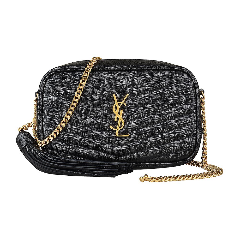 YSL SAINT LAURENT LOU金字LOGO MATELASSÉ縫線小牛皮拉鍊斜背包(小/黑)