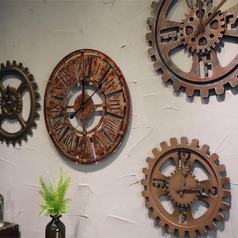 懷舊復古工業風圜形木質齒輪仿舊客廳牆面裝飾鐘餐廳壁掛鐘仿古時鐘掛鐘壁鐘餐廳客廳裝飾鐘錶