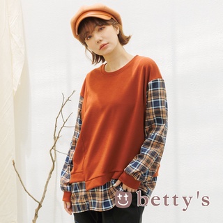 betty’s貝蒂思(15)假兩件拼接格子布上衣(咖啡紅)