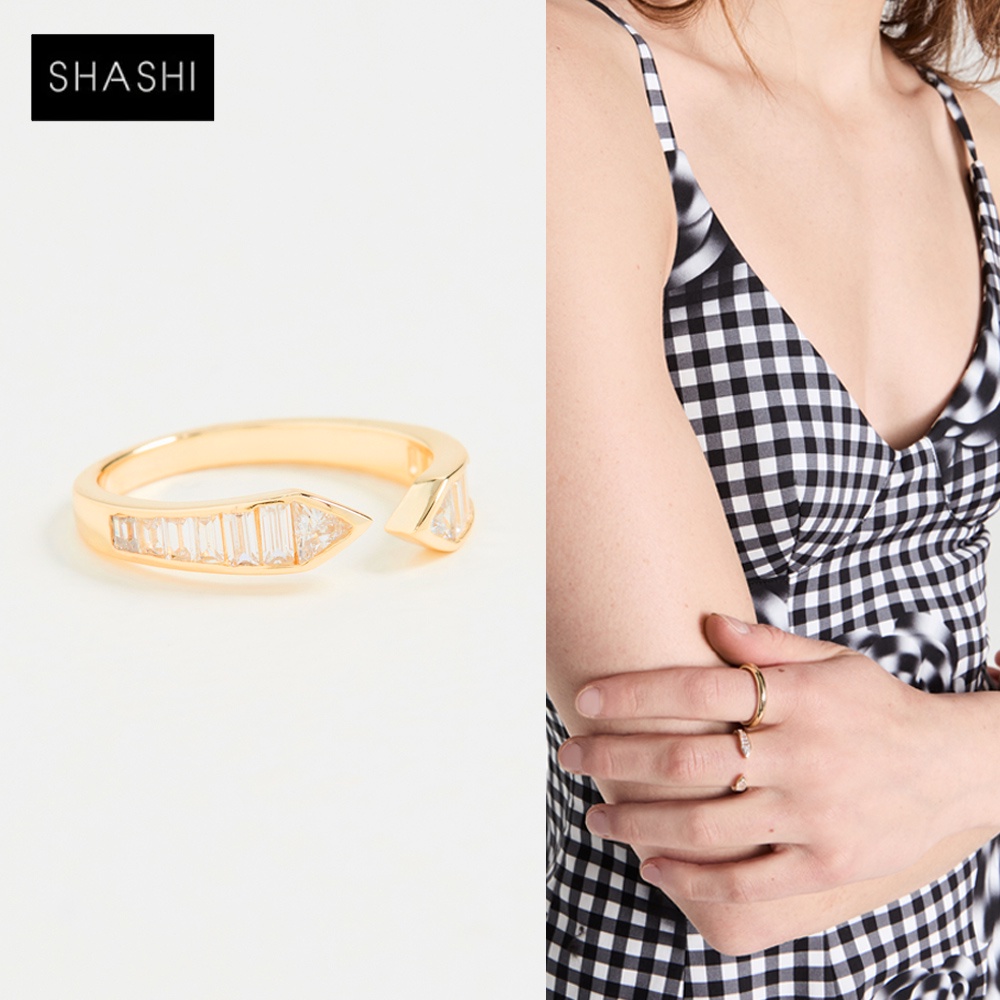 SHASHI 紐約品牌 Teagan 公主切割方鑽戒指 C型金色戒指