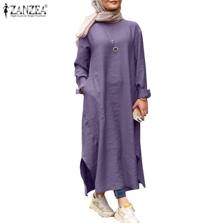 ZANZEA女士復古穆斯林長袖素色長洋裝