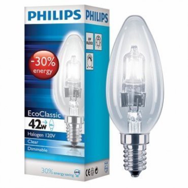 飛利浦PHILIPS 蠟燭省電鹵素燈 42W E14 120V B35 CL