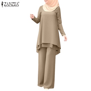 Zanzea 女士日常蕾絲雙層不規則下擺上衣彈力腰直筒褲穆斯林套裝