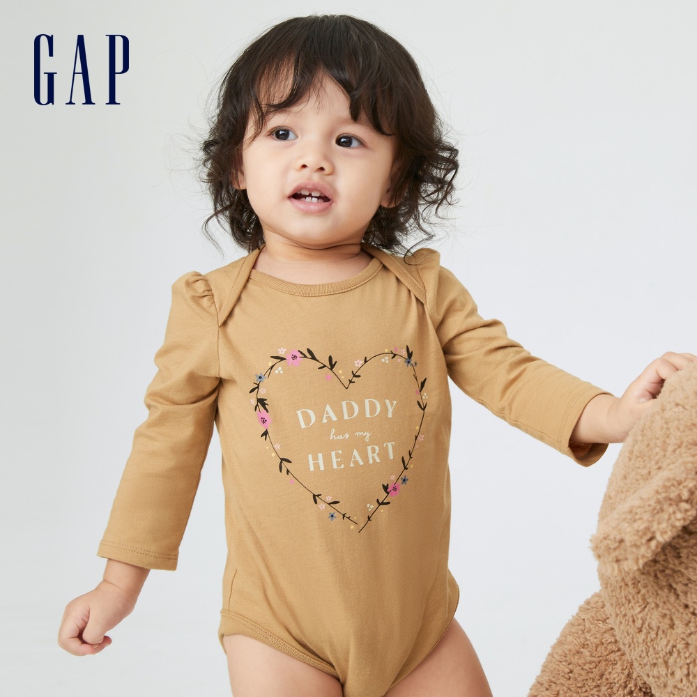 Gap 嬰兒裝 純棉親子印花長袖包屁衣-薑黃色(429603)