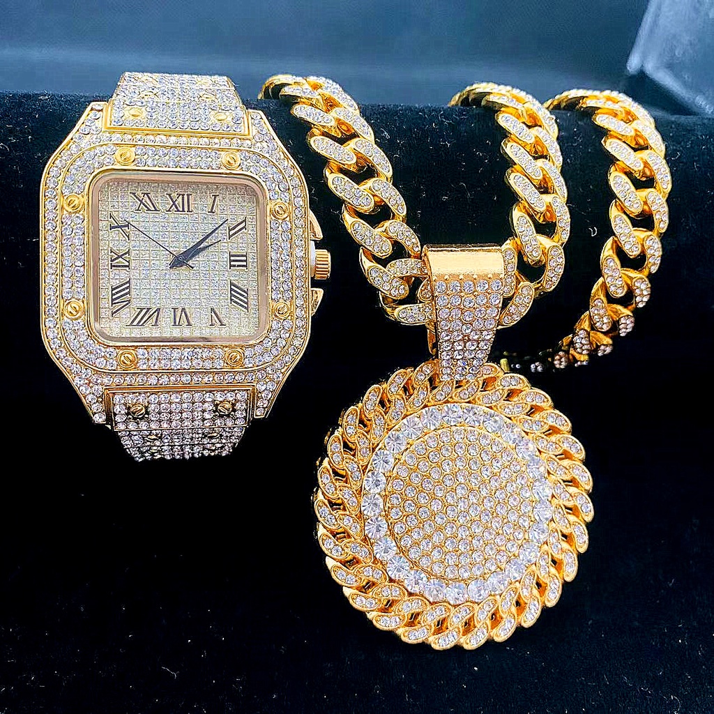 2 件裝男士 Iced Out 手錶項鍊 Bling Bling Cubana 鏈吊墜黃金手錶鑽石首飾套裝男士手錶套裝