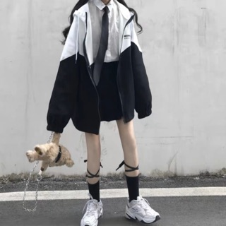 預購*薄款運動撞色黑白bf風百搭學生休閒連帽外套 原宿風 個性 少女 學院風 防風防曬薄外套 上衣