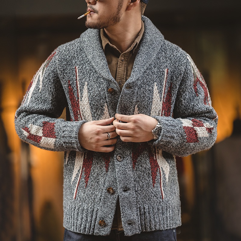 馬登工裝 美式複古 印第安納瓦霍開衫毛衣 翻領外穿加厚針織毛衣外套男