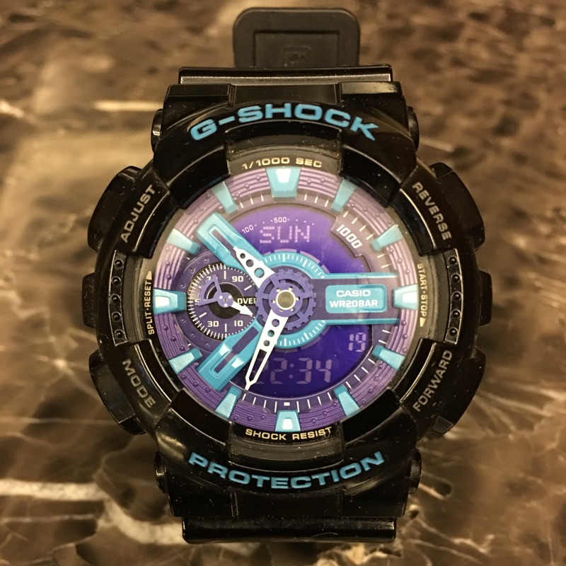 二手 Casio G-shock GA-110 HC-1ADR 紫羅蘭 多層次重機概念雙顯錶-藍x黑