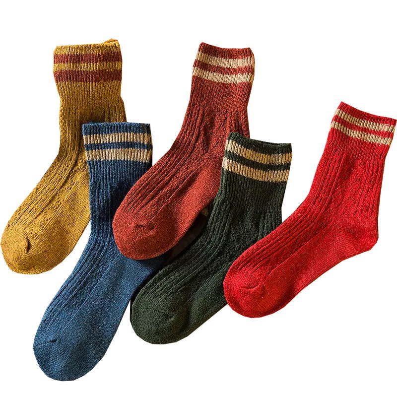 大唐襪業 D239韓國羊毛襪 復古條紋加厚中筒襪 翻邊民族風粗線中筒襪