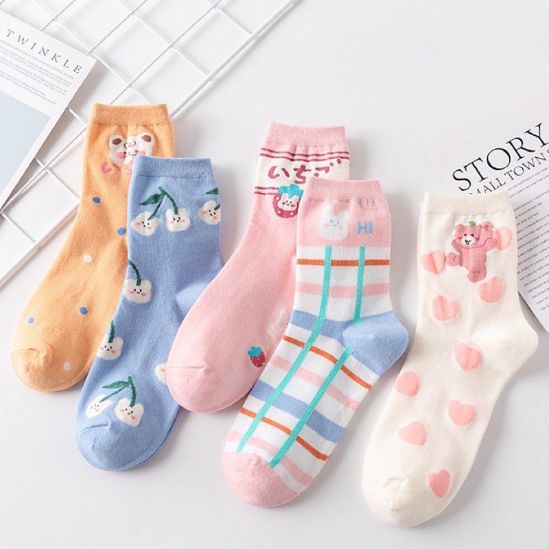 韓國可愛日系棉花糖格子小熊襪 中筒襪 甜美兔子襪 捲捲襪 棉襪 素色襪