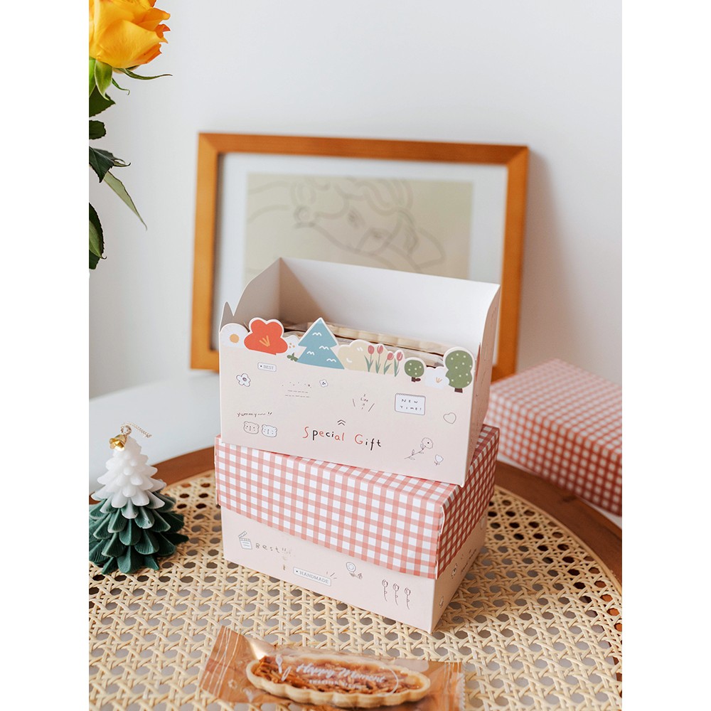 [現貨] 粉色格紋常溫蛋糕糯米船餅乾包裝盒