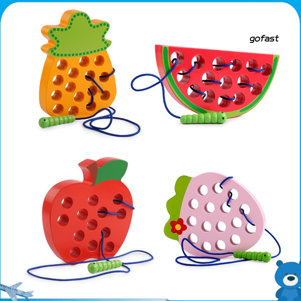 Go-草莓水果木製繫帶拼圖穿線玩具早教兒童