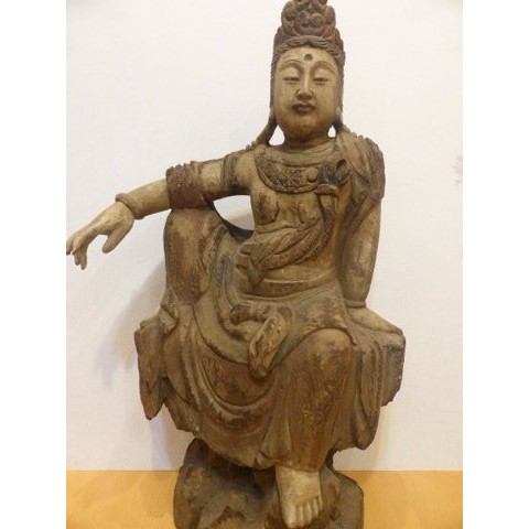 【佛教文物】敦煌佛像．宋木雕礦彩自在觀音．有年代! 上海古董商釋出~稀有珍貴老件!
