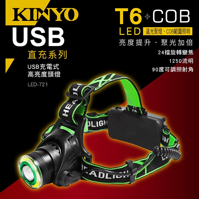 含稅一年原廠保固送18650電池KINYO充電式T6COB超高亮頭燈手電筒警示燈工作燈(LED-721)
