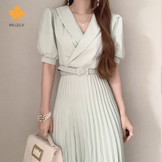 MUZV[任2件摺30]🌟韓國chic夏季法式氣質西裝領系帶收腰顯瘦泡泡袖百褶洋裝連衣裙配腰帶