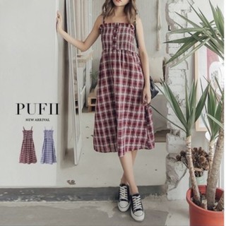 帕妃PUFII 格紋抓皺鬆緊吊帶棉麻連身裙長洋裝(全新)