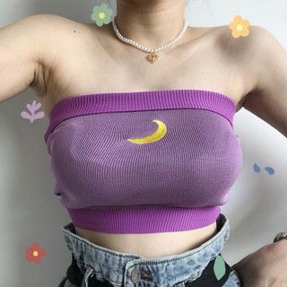 【黑店】百搭性感平口月亮刺繡短版背心 月亮刺繡撞色內搭上衣 個性短版背心 甜美穿搭紫色百搭平口小可愛 ZG202