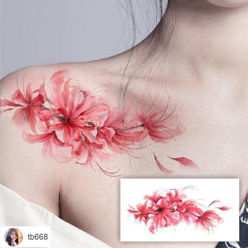 紋身貼 刺青彼岸花紋身貼古風性感地獄少女持久花臂防水鎖骨遮疤大圖曼珠沙華 蝦皮購物