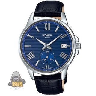【CASIO】台灣卡西歐公司貨 條紋時尚單眼羅馬紳士真皮腕錶 50米防水-藍面(MTP-EX100L-2A)