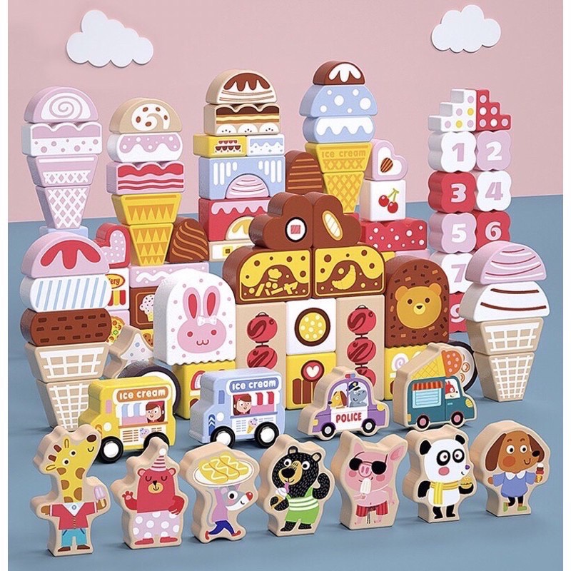 新款上市 木製冰淇淋 冰淇淋積木 扮家家酒 木製玩具 甜點積木益智玩具 幼兒園玩具 女孩玩具 兒童節