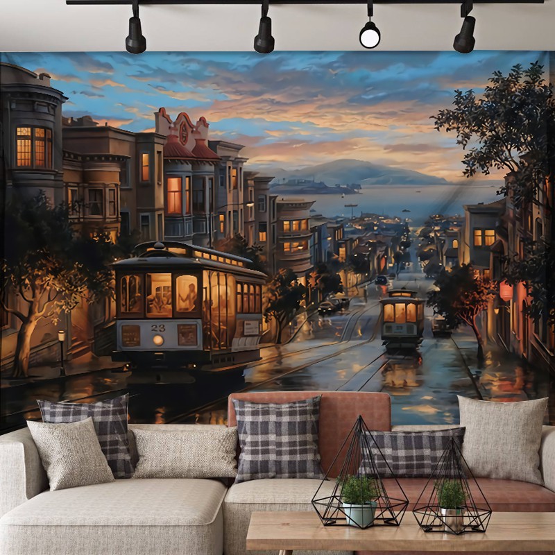新品北歐ins日落下的電車背景布咖啡店酒店客棧背景墻裝飾壁畫掛毯布11 蝦皮購物