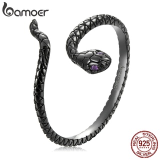 【Bamoer】925純銀 歐美黑蛇戒指 可調大小 開環戒指 簡約時尚 歐美珠寶 情人節禮物 生日禮物 女性戒指