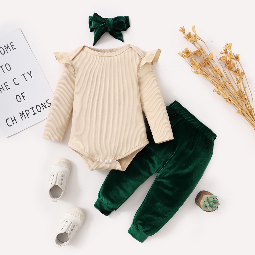 3-24 個月學步嬰兒女嬰衣服套裝長袖羅紋緊身衣褲 + 復古天鵝絨褲子 3 件裝 A / W 套裝