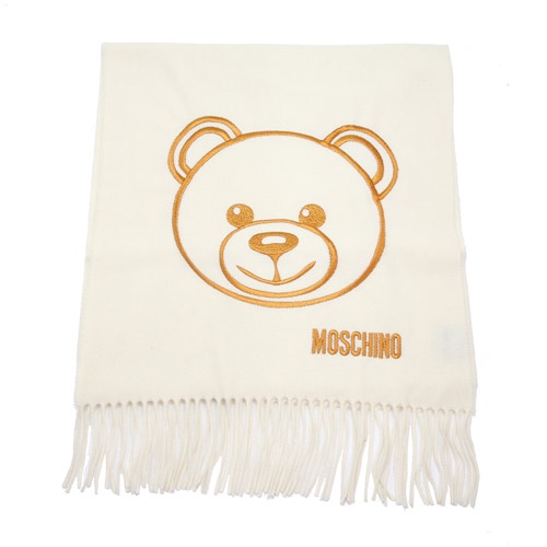 MOSCHINO 泰迪熊臉純羊毛寬版流蘇圍巾(002 米色)