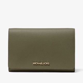 【MICHAEL KORS】金屬LOGO多功能防刮皮革釦式可拆手拿斜背包 WOC(橄欖綠)