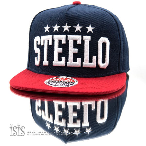 KURO-SHOP潮流新風格-深藍色紅帽沿 STEELO 電繡 棒球帽 板帽