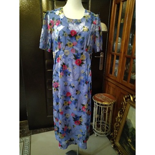復古日本古著植絨緹花繽紛藍紫洋裝L號000337