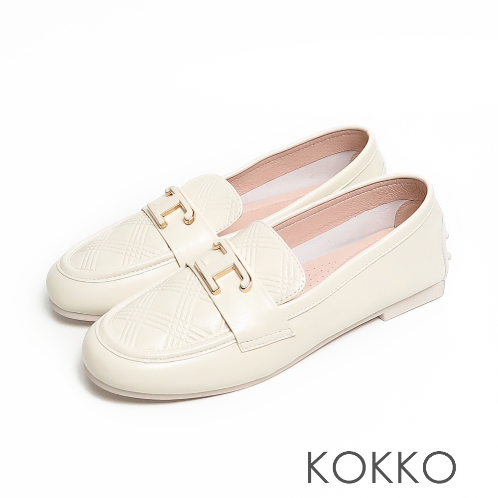 KOKKO超舒適菱格紋全真皮彈力平底休閒鞋白色