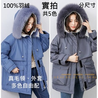 小毛兒~部分現貨2天寄+預100%羽絨白鴨絨真皮草貉子毛領連帽綁腰帶拉抽繩大尺碼喇叭袖正韓國貨長防風衣防潑水短版大衣外套