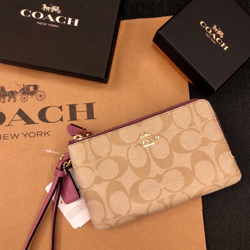 COACH 經典皮革滿版雙層手拿包 紫邊米白 錢包 手拿包 現貨 美國代購