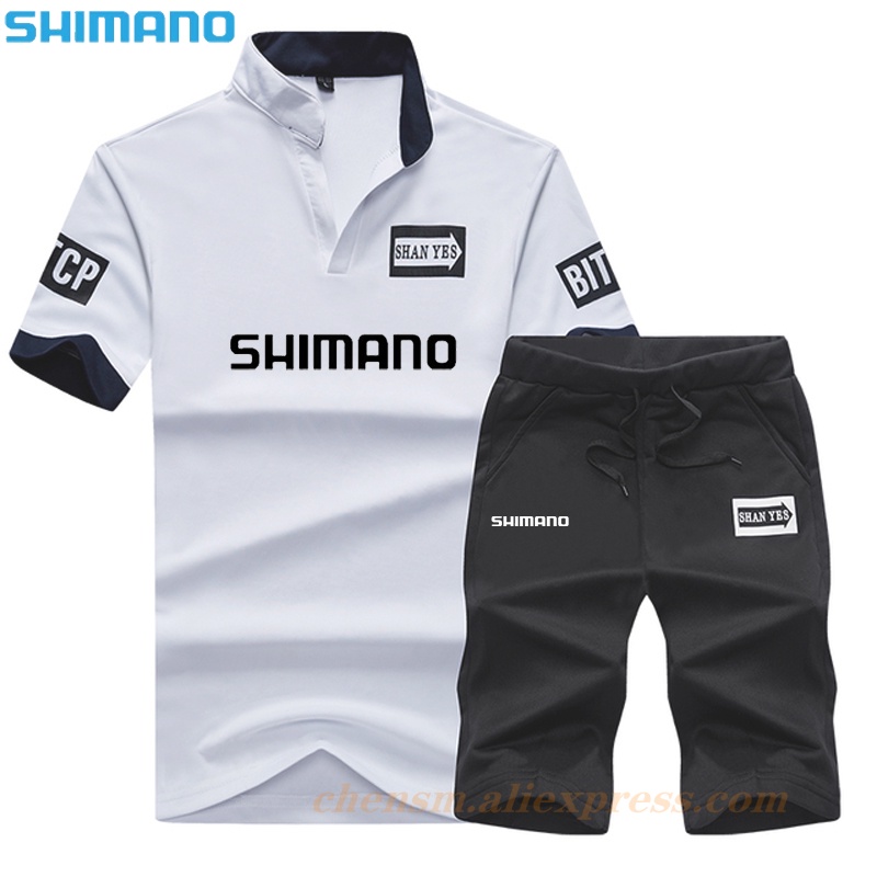 Shimano 2022 新款運動服男士釣魚套裝夏季 2 件套運動服健身房運動短褲休閒字母印花 Polo 運動套裝