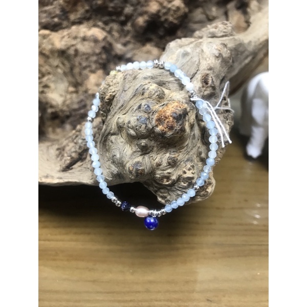 冰種海藍寶石鑽切+珍珠+青金+藍沙.手珠設計款