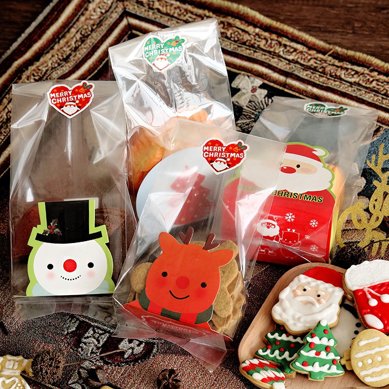 ~糖糖烘焙~(1個)聖誕節款平口透明袋+雙面底托紙卡(贈貼紙)糖果袋 餅乾袋 杯子蛋糕包裝袋 點心袋 禮物袋 熱封袋