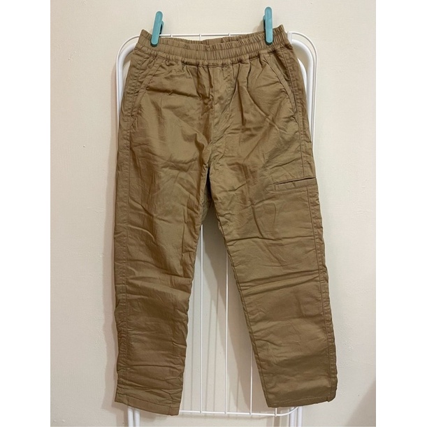 UNIQLO KIDS M號 卡其色 兒童保暖輕便褲 內刷毛 厚棉 彈性工作褲 長度約77cm