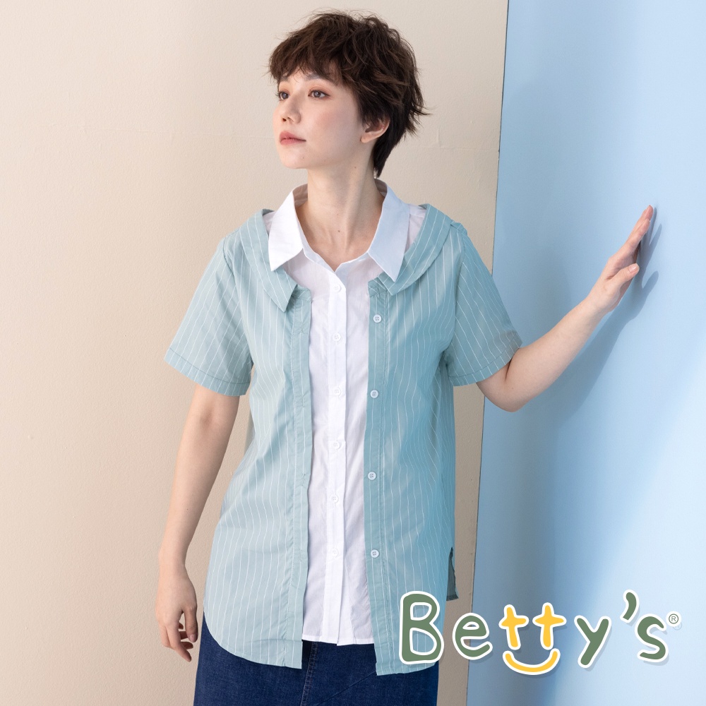 betty’s貝蒂思(11)假兩件條紋拼接襯衫 (粉綠)