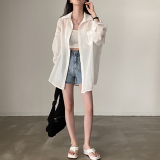 【太妮絲M136】現貨 韓系 白色襯衫 棉麻 口袋 長版 透透襯衫 微透 長袖襯衫 女神款