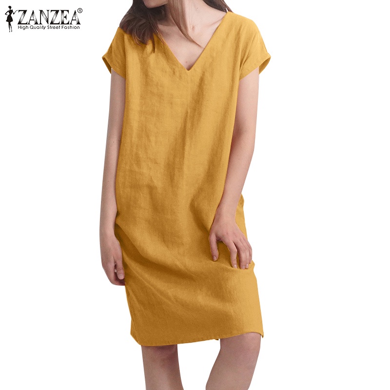 Zanzea 女士休閒寬鬆短袖夏裝 V 領棉質復古側袋中長連衣裙