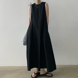 新品 / 韓系素色質感超長版無袖洋裝(白/黑)